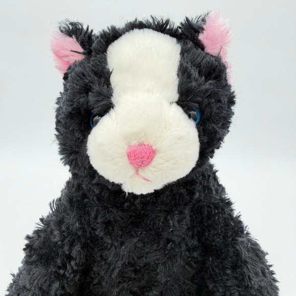 Animaland Black & White Kitten Plush Stuffed Cat Toy Pink Nose Ears 11" - Picture 3 of 7